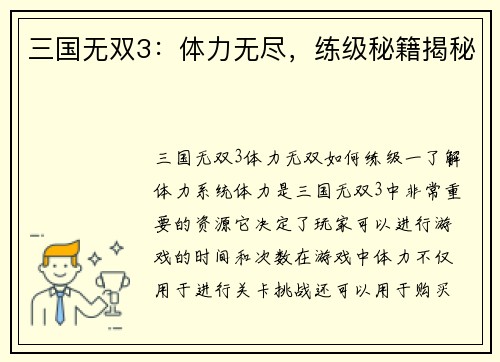 三国无双3：体力无尽，练级秘籍揭秘